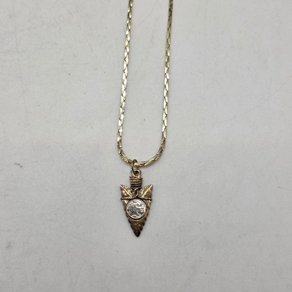 Arrowhead Necklace Buffalo Nickel Coin Pendant Gold Tone Flat Link Chain 18in